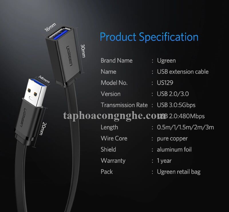 Ugreen 30128 0.5M màu Đen Cáp tín hiệu nối dài USB 3.0 dáng dẹt cao cấp US129 30030128
